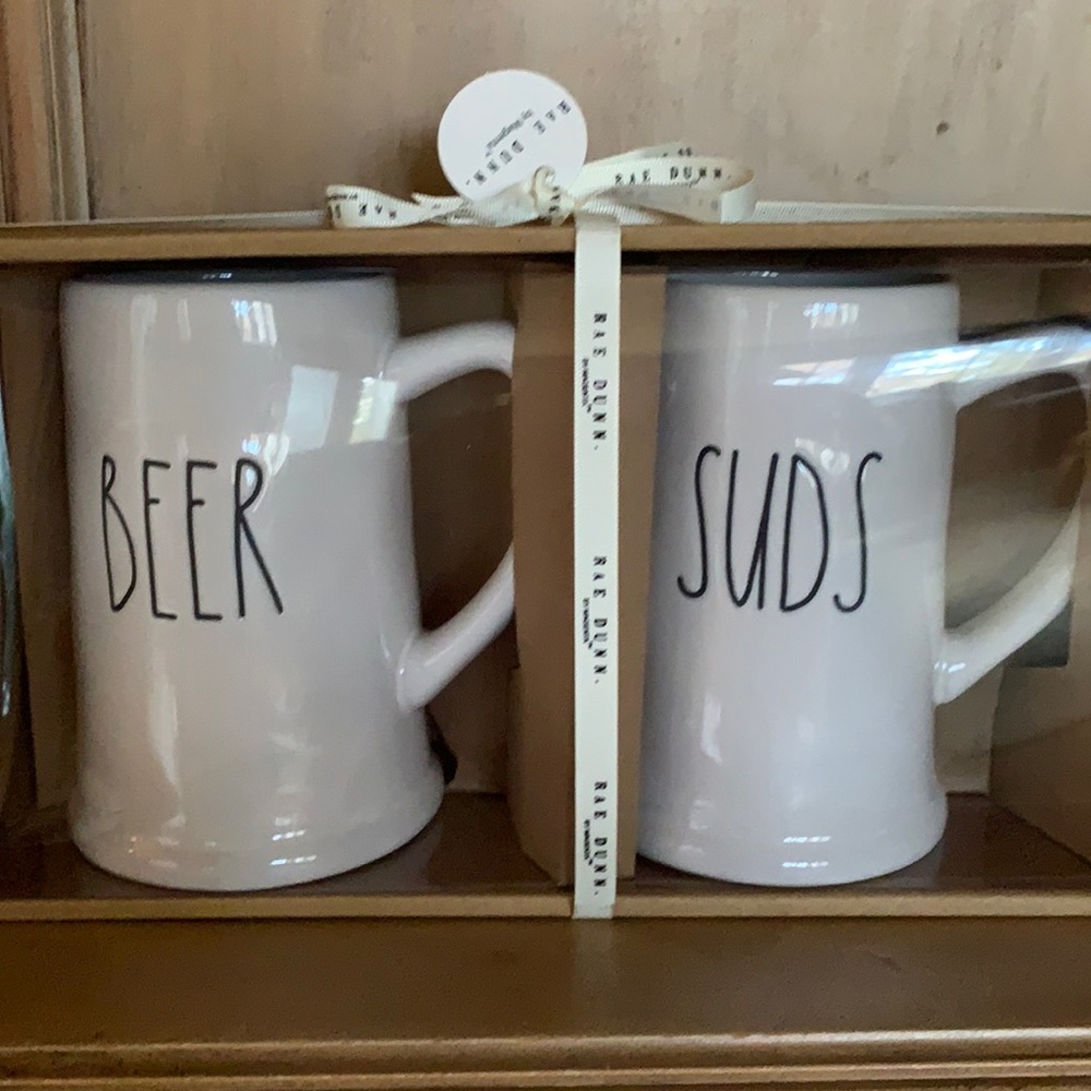 RAE DUNN “BEER & SUDS” MATCHING PAIR of HEFTY CERAMIC BEER MUGS🍻